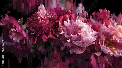 abstract photograph of flowers frozen (zinnia, cosmos, dahlia) in ice resulting in an ethereal, painting-like abstract effect 