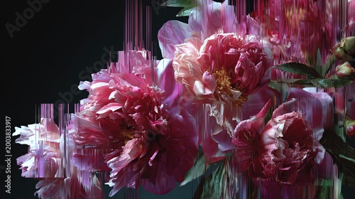 abstract photograph of flowers frozen (zinnia, cosmos, dahlia) in ice resulting in an ethereal, painting-like abstract effect 