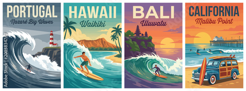 Vintage surfing destinations travel poster set. Including portugal nazare, hawaii waikiki, bali uluwatu, and california malibu. Retro vector illustration.