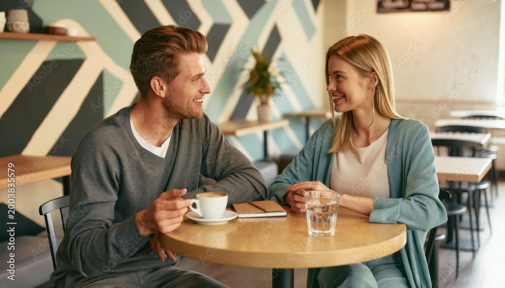 Fototapeta premium Coffee Date: A man and woman enjoy a moment of connection during a coffee date at a cafe, their eyes locked in mutual admiration.