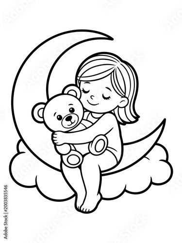 Dreamy Embrace: A child nestled on a crescent moon, clutching a beloved teddy bear. A picture of serenity, innocence and comfort.