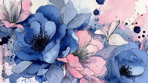 Blue, Pink, Ink-wash Floral, Splashed-ink Background