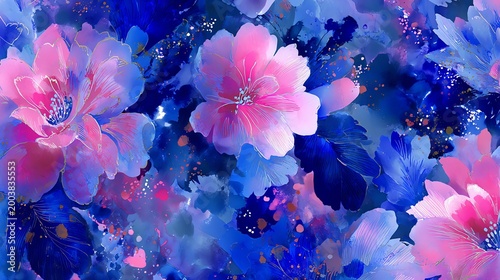 Blue, Pink, Ink-wash Floral, Splashed-ink Background