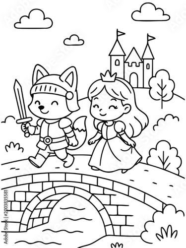 Fairytale Bridge Adventure: A charming scene of a fairytale fox knight and princess, crossing a stone bridge towards a distant castle, set against a backdrop of rolling hills and whimsical clouds.