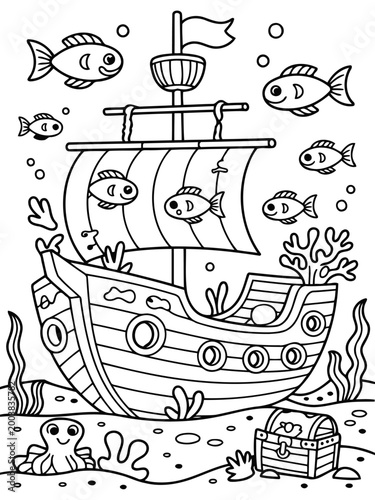 Adventure Undersea: An inviting illustration of a whimsical pirate ship sailing through an underwater paradise, encountering playful fishes, and a treasure chest.