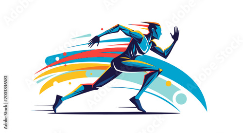 Dynamic stylized male runner in sprint with speed trails on a vibrant abstract background, energetic athletic movement