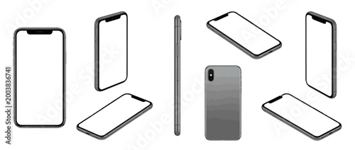 Realistic smartphone mockup. mobile phone 3d render with blank screen isolated on white background, phone different angles views. 3d illustration