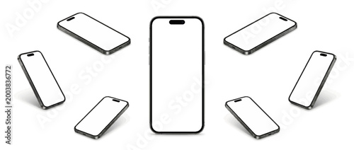 Realistic smartphone mockup. mobile phone 3d render with blank screen isolated on white background, floating dynamic angles views. 3d illustration