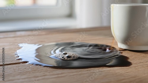 Coffee Spilling from Mug on Wooden Table.