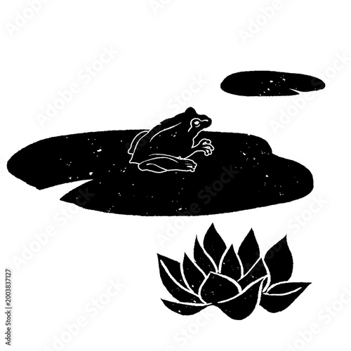 版画風の蓮の葉の上に座っているカエル　モノクロ　シンプル