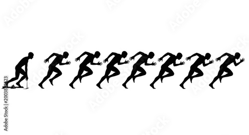 Multiple Identical Male Runner Silhouettes Sprinting in a Row on Isolated White Background