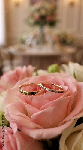 Close-up of gold wedding rings on a pink rose in a bouquet with blurred background