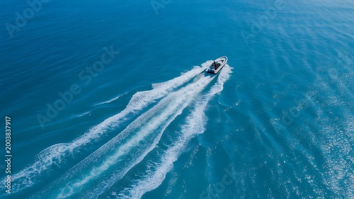Speedboat creating white wake on bright blue ocean water seen from aerial perspective