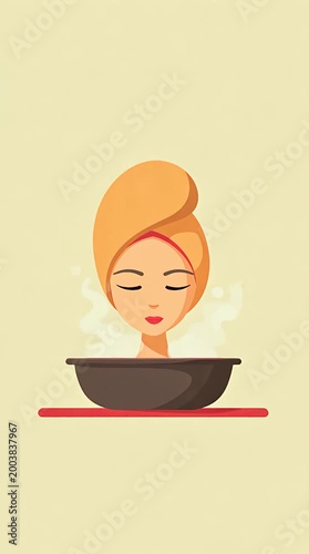 Cartoon woman relaxing with face mask in steaming bowl