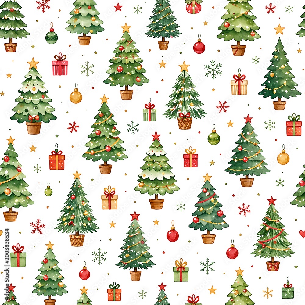 Naklejka premium Christmas tree seamless pattern with gifts ornaments snowflakes and stars soft watercolor holiday background design