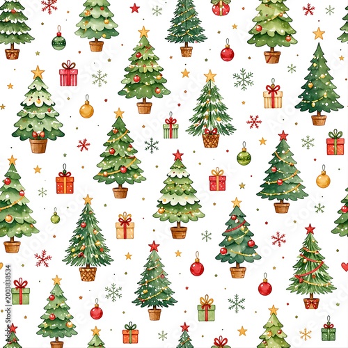 Christmas tree seamless pattern with gifts ornaments snowflakes and stars soft watercolor holiday background design
