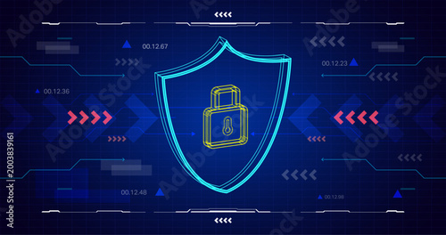 Cybersecurity Padlock Shield with Futuristic HUD Interface and Data Protection Technology Elements