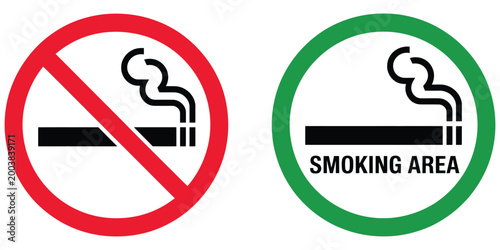 Smoking and no smoking sign collection with red ban symbol and green allowed icon, printable vector for public safety, health and regulation design.