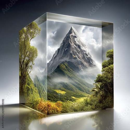 A serene mountain landscape is preserved within a transparent glass cube