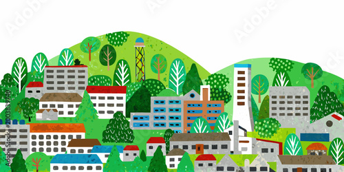 Bild auf Leinwand Colorful illustration of a hillside town with buildings and trees whimsical styl