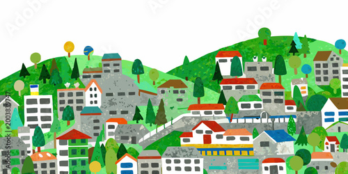 Foto watercolor hillside town illustration with colorful houses and trees scenic land