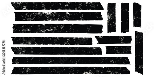 Foto Set of black adhesive tape strips with rough grunge texture and torn edges