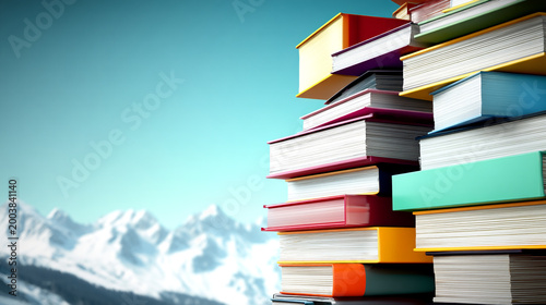 A stack of colorful books against a snowy mountain backdrop under a clear blue sky