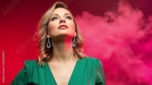 Elegant woman in a green dress looking up thoughtfully amidst swirling pink smoke against a vibrant red backdrop, captured in a dramatic studio portrait.
