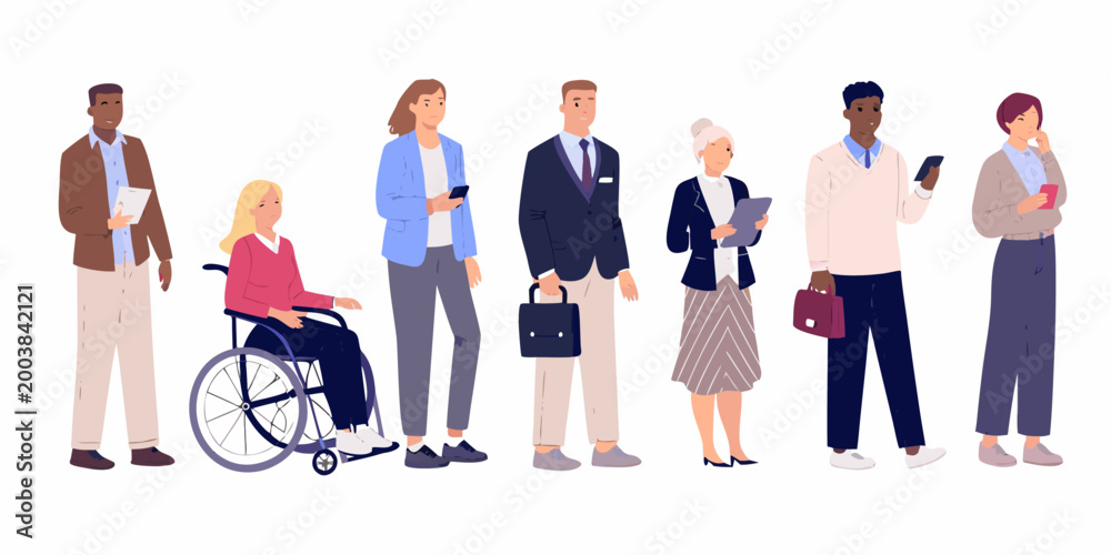Obraz premium Diverse group of seven people standing together including a person in a wheelchair vector illustration