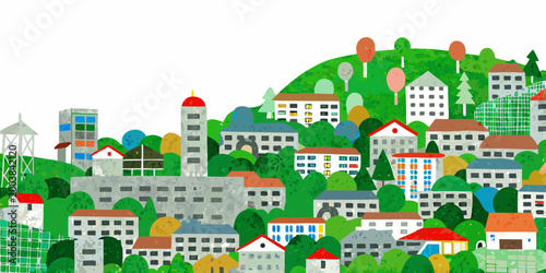 Foto Colorful hillside town illustration with varied architecture and lush green tree