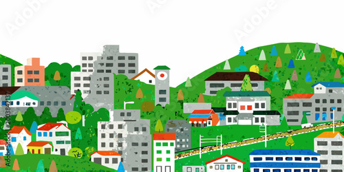 Foto Colorful hillside town illustration with varied architecture and lush green land