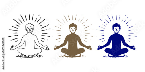 Meditation and Mindfulness Vector Icon , Man sitting in Lotus Pose with Aura and Sunburst, Spiritual Wellness, Yoga, and Mental Health Line Art Illustration