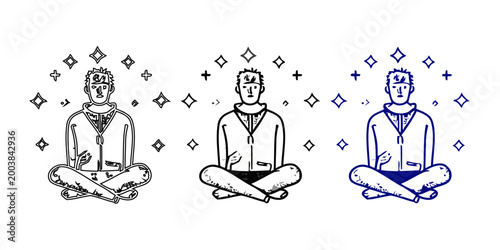 Man meditating in lotus position with sparkling stars icon . Mindfulness, mental health, yoga, and inner peace concept illustration in sketch style