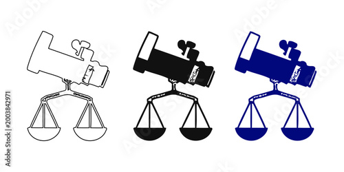 Camera on scale of justice icon . Photography copyright law, intellectual property rights, and media justice concept illustration