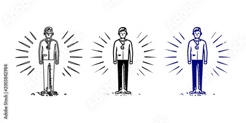 Hand drawn champion with medal icon . Sketch style winner man with glowing rays, achievement and success concept illustration