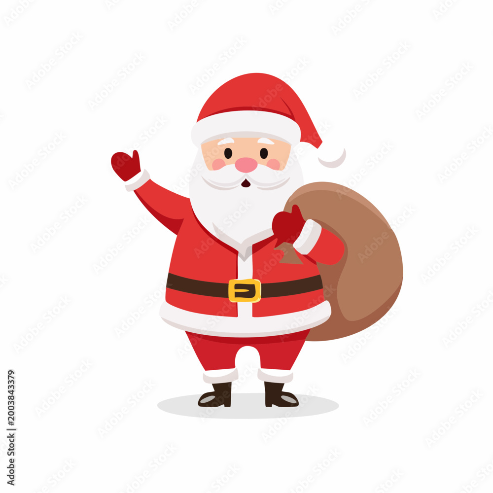 Obraz premium Cartoon Santa Claus waving with a sack of gifts