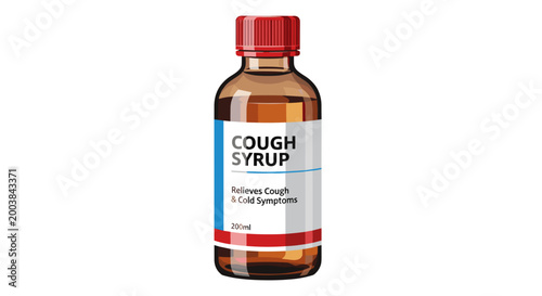 Amber glass bottle of cough syrup with red cap and detailed label design, isolated on white background, showcasing medicinal packaging