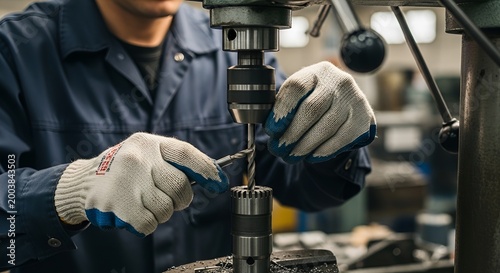 Skilled mechanic operating a drill press for metalworking in a workshop