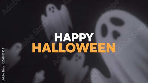Happy Halloween Text with Ghost Silhouettes - Festive Spooky Graphic