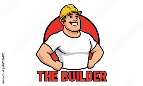 Fotografie Strong builder mascot logo wearing yellow hard hat vector