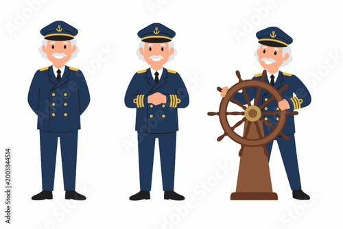 Foto Ship Captain Character Set Standing and Steering Vector Illustration