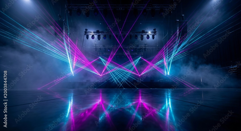 Naklejka premium Futuristic Laser Light Show on Concert Stage with Reflective Floor and Fog