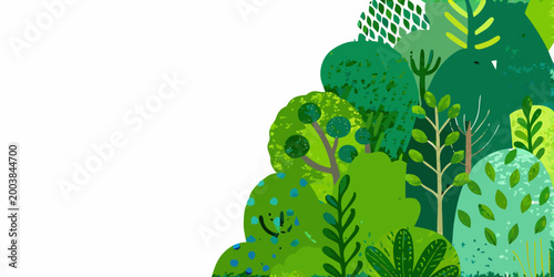Colorful forest illustration with lush green foliage and abstract tree shapes on white background