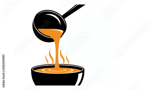 Canvastavla Hot Soup Pouring from Ladle into Bowl Vector Illustration