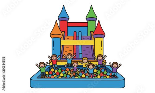 Kids playing in inflatable bouncy castle and ball pit illustration