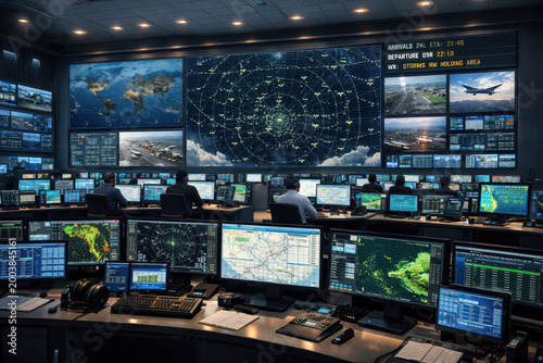 Modern High Tech Control Room with Multiple Monitors and Radar