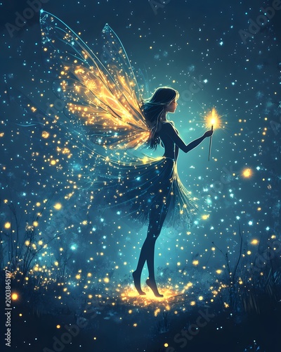 A silhouette vector illustration of a dancing fairy girl with a magic wand and a broom under a starry night sky for a fantasy music party design