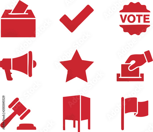 Collection of red election and voting icons including a ballot box, megaphone, and gavel, representing democracy and political participation.