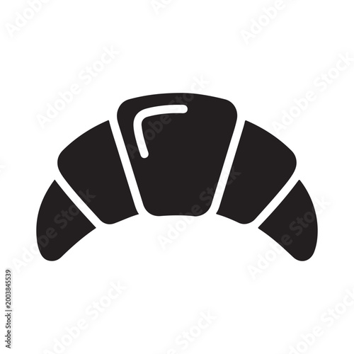 A simple black and white vector silhouette icon of a delicious flaky french butter croissant.