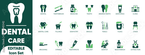 Dental Care Icon Set. inspect, teeth, dental, dentistry, brushing, set, medicine, dentist, vector, and solid illustration. 